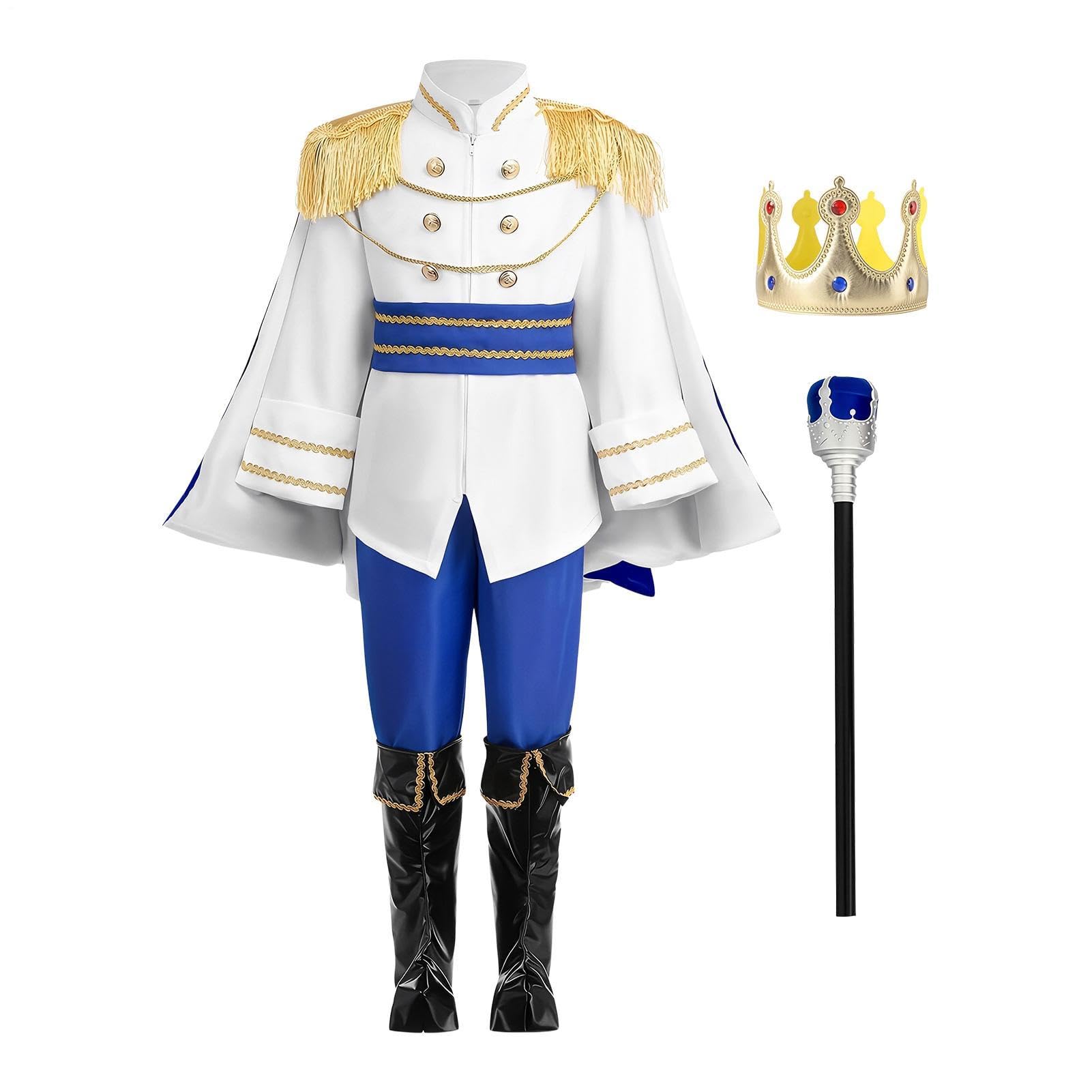 Costume da Re per Bambini Costume Reale Halloween a 7 Pezzi con Corona | Abiti Cosplay per Bambini con Mantello per Vacanza Festa Celebrazione Carnevale Abbigliamento Quotidiano Palco