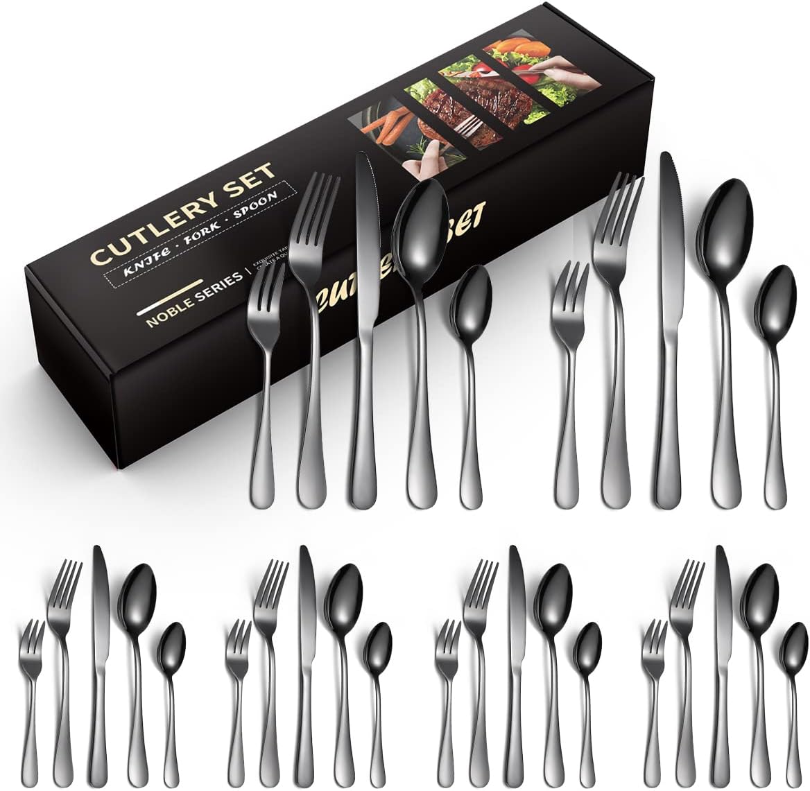 30 Piece Cutlery Set, Knife, Fork, Spoon, Tableware Cutlery Service for 6, Stainless Steel Sets High-Grade Mirror Polishing Cutlery Set (Black)