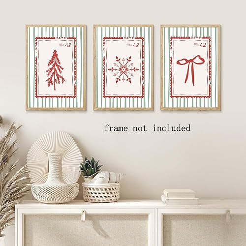 Miniatura 5 de Juego de 3 carteles de arte de pared de invierno, diseño retro de Navidad, impresiones en lienzo para decoración acogedora de Navidad, 8 x 12