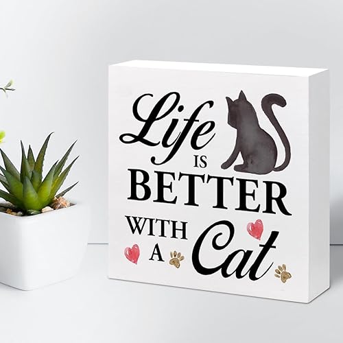 Miniatura 5 de Life is Better with a Cat Wood Block Sign Decoración de escritorio, divertida caja de madera de gato gatito, decoración de escritorio para amantes