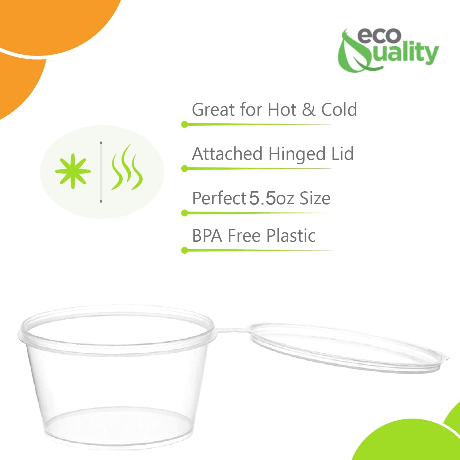 EcoQuality 5.5 Oz Leak Proof Portion Cups with Lids - Plastic Condiment Souffle Containers with Attached Hinged Lid - Perfect for Sauce Cup, Sample Cup, Slime Cup, Jello Shot Cups with Lids, Food Storage (150)