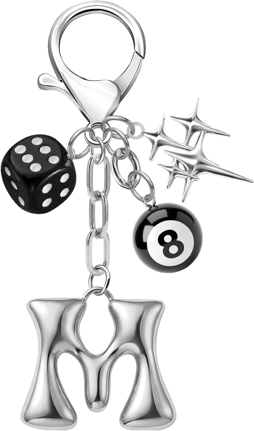 Y2K 8 Ball Dice Keychain with Bubble Initial Letter A-Z Silver Star Bag Charm & Aesthetic Gothic Keyring for Women