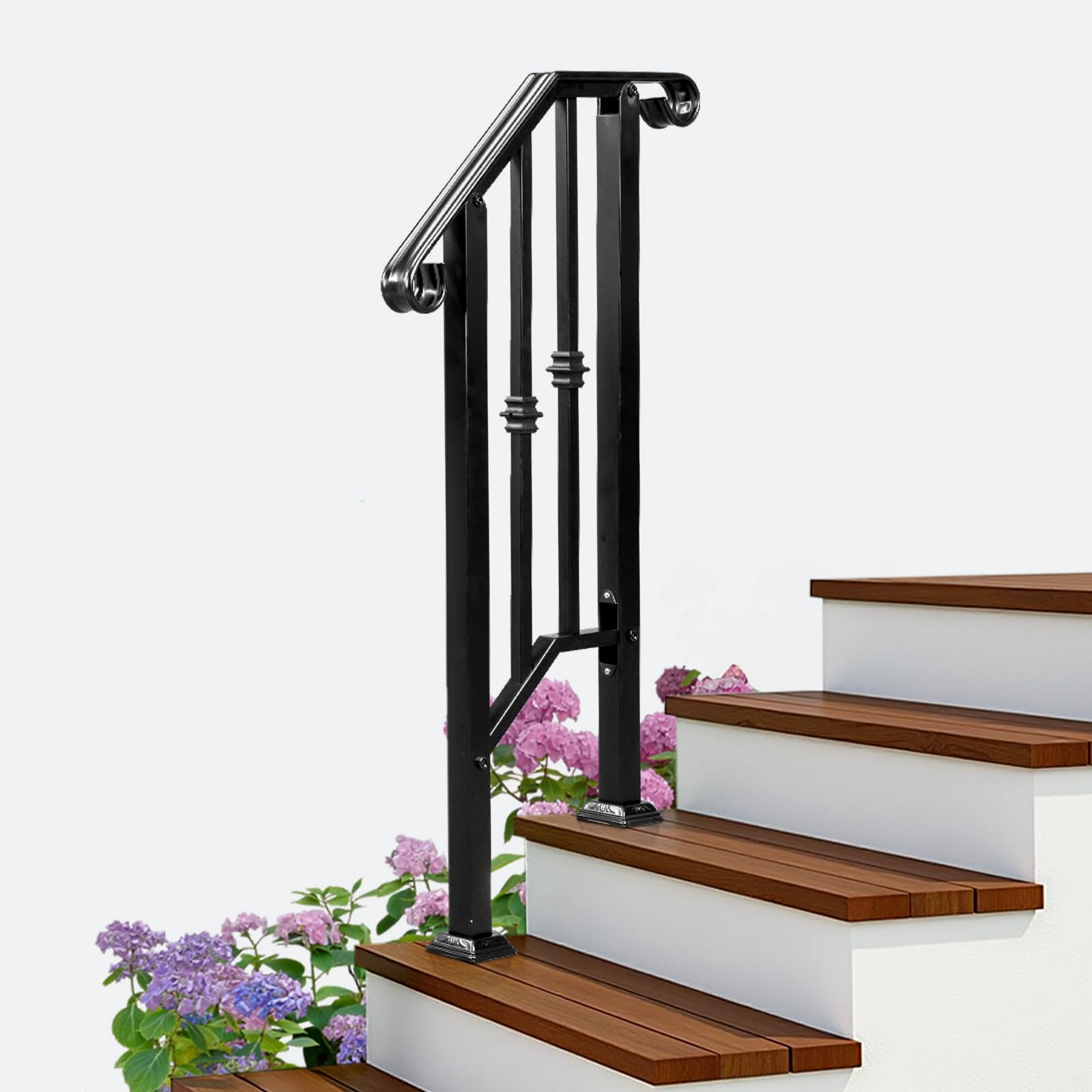 Bonnlo Outdoor Handrail for Stairs Fit 1 Steps, Hand Rails Outside Steps with Decoration, Galvanized Iron Handrail Kit for Backyard
