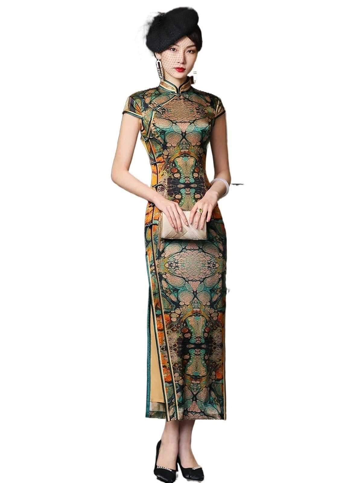 Lastran Unisex One Color Women's Retro Chinese Cheongsam Mandarin Collar Side Split Long Qipao Banquet Catwalk Dress Outfit Green(3Xl)