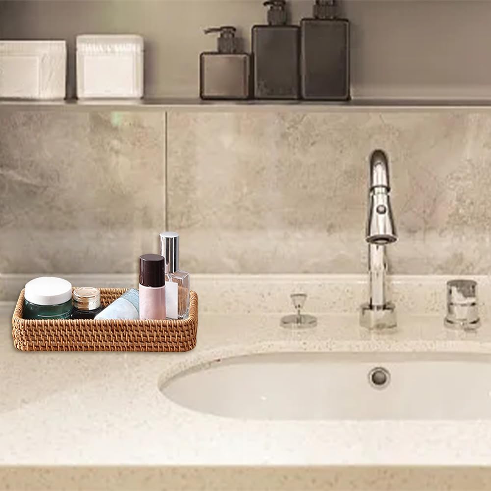 8in Rattan Bathroom Vanity Tray, Toilet Tank Basket, Bathroom Decor Box, Small Narrow Guest Towel Holder for Vanity, Countertop, Bathroom, Kitchen and Cabinet Storage(Color:Wood) - Image 5