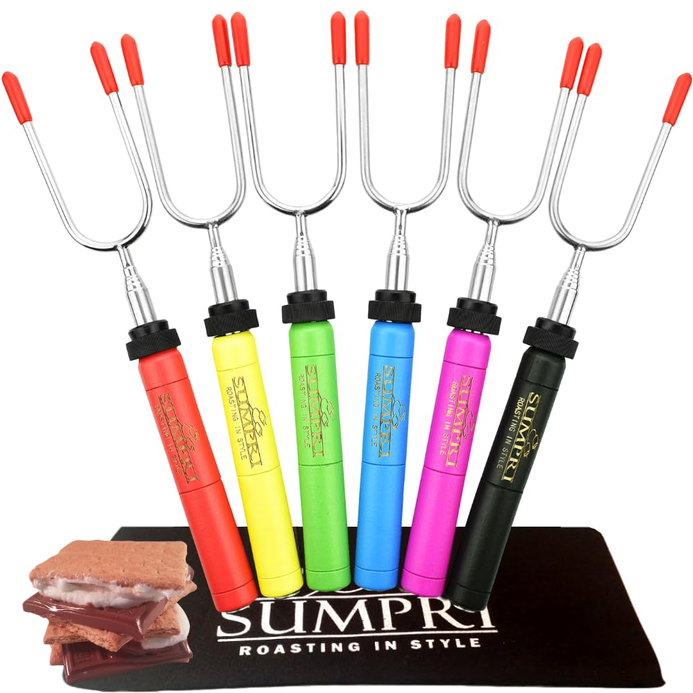 Smores Sticks For Fire Pit - Marshmallow Roasting Sticks For Campfire, Rotating Smore Sticks Set of 6 - Safe, Fun Telescoping Multicolored 34 Inch Hot Dog Sticks - SUMPRI Long Camping Skewers