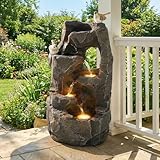 Merax Gartenbrunnen mit LED Beleuchtung, Moderner Standbrunnen für Garten, Terrasse, Balkon & Rasen, Steinoptik, Natürlicher Stil, 47cm Springbrunnen Wasserspiel Kaskade, Polyesterharz, Steingrau