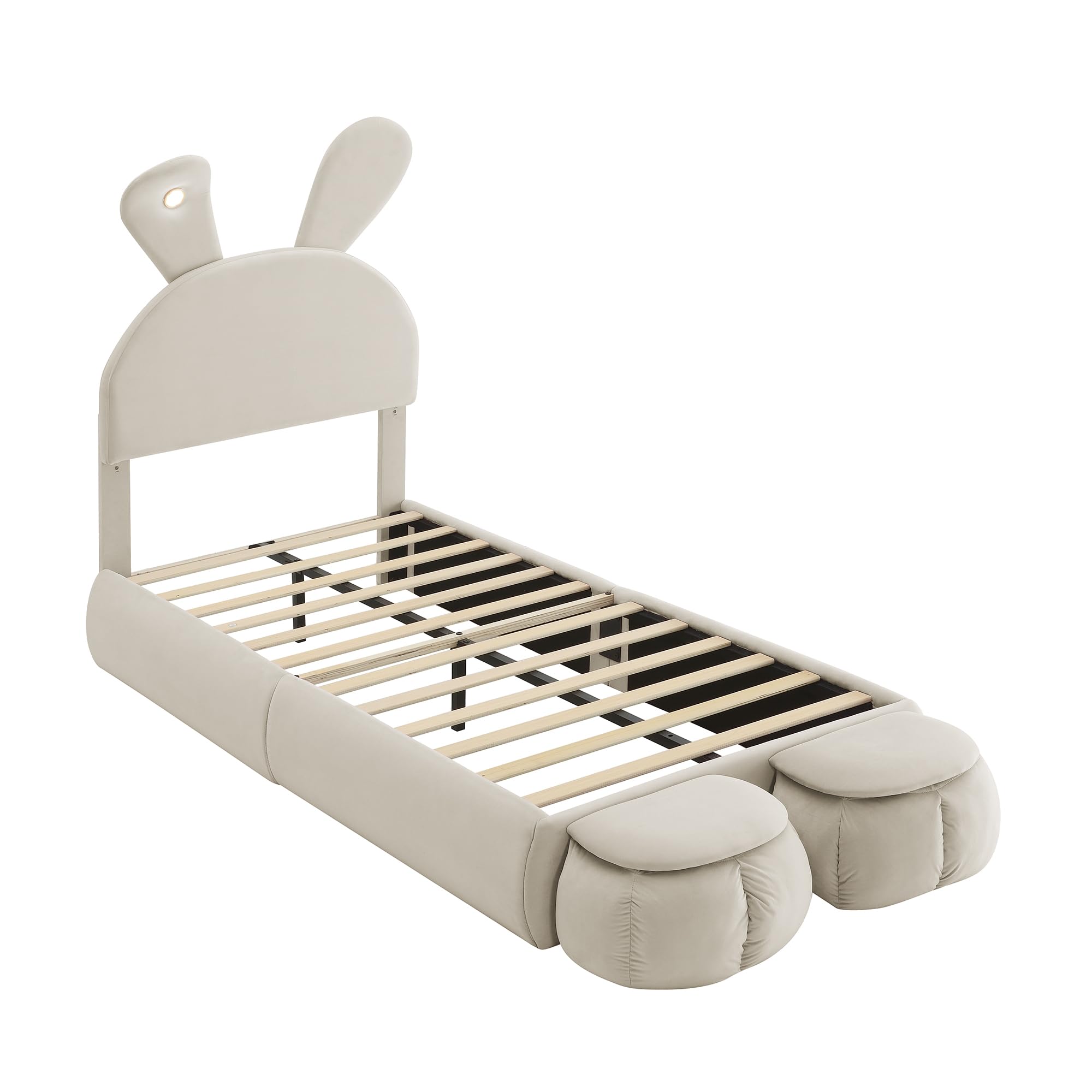 Letto imbottito da 90 x 200 cm, letto per bambini con 2 sgabelli di stoccaggio e illuminazione LED per comodino, orecchie di coniglio pieghevoli, struttura del letto LED per ragazze, letto per ragazzi