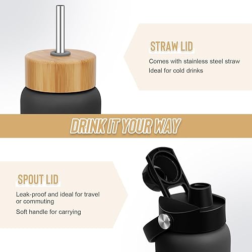 Miniatura 3 de Botellas de agua de vidrio de 32 onzas  Vaso motivacional de 1 litro con marcador de tiempo  Botella de agua de vidrio de borosilicato con funda de