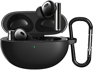 جراب سيليكون لسماعات ريلمي بادز اير 5 برو من ساونس قبضة محمولة غير قابلة للانزلاق وواقي مقاوم للخدش مع مشبك حلقة تثبيت حماية كاملة للماء والصدمات - أسود