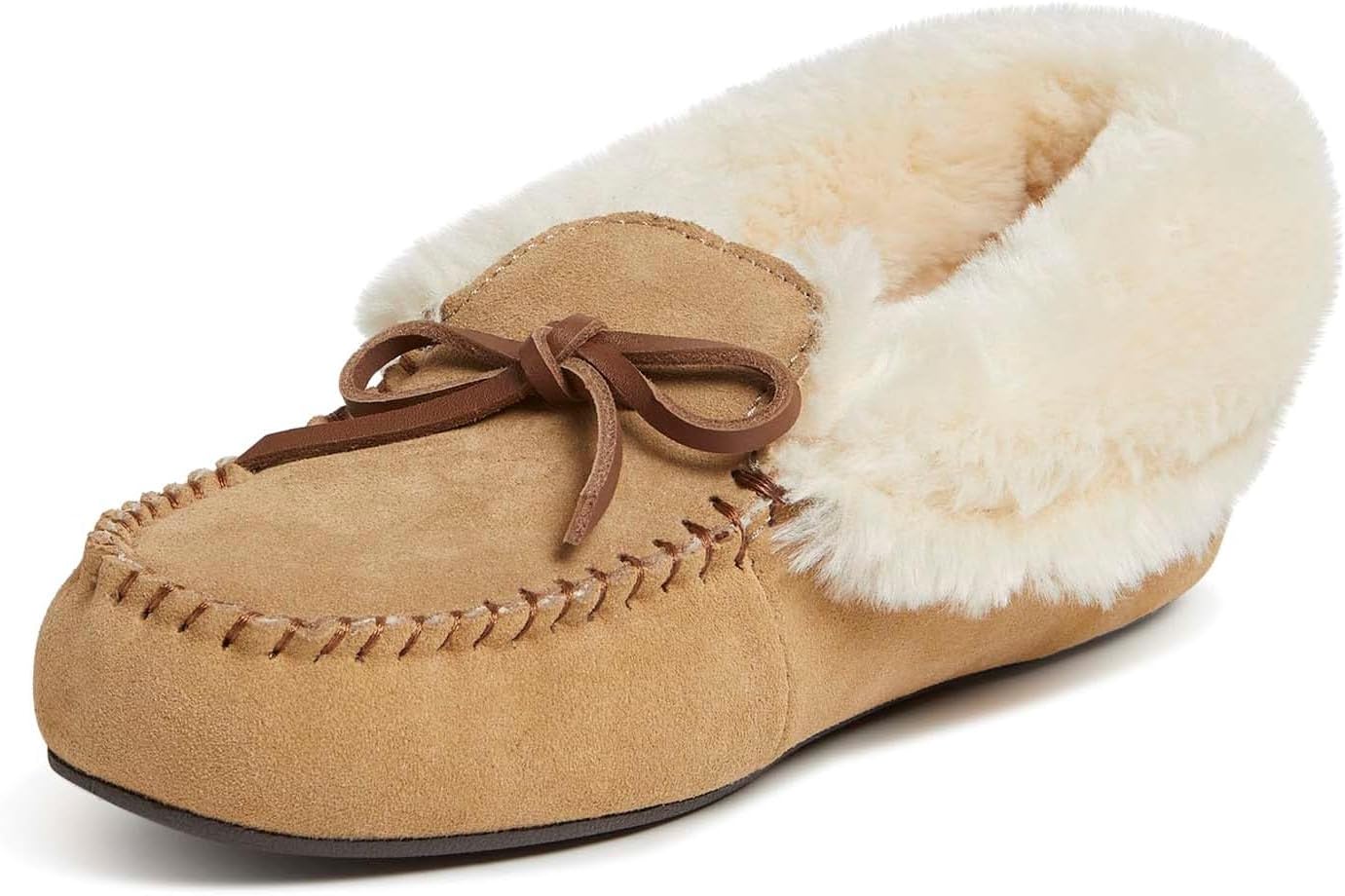 Dearfoams womens Genuine Suede Foldover Bootie With Tie Slipper, Desert, 8 US