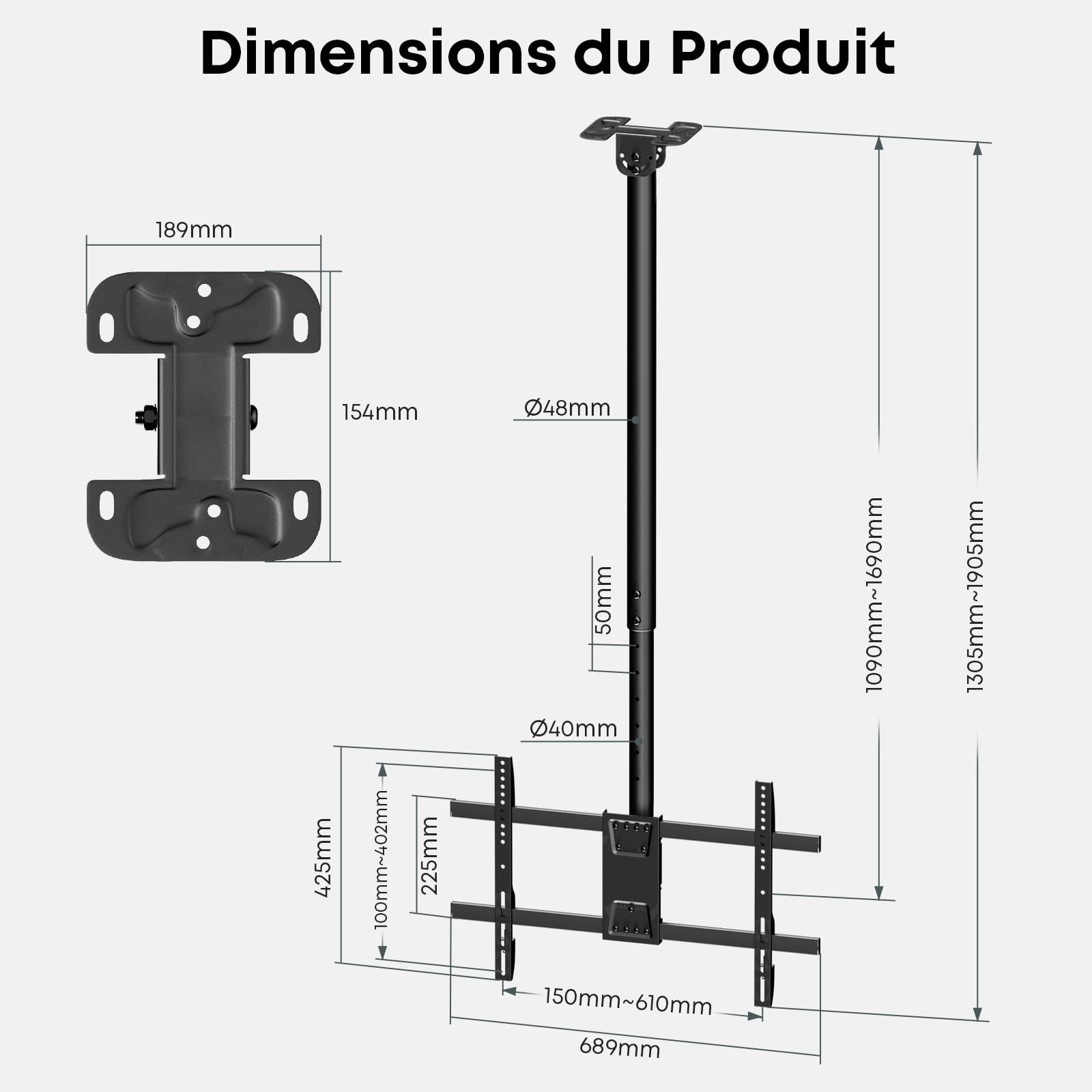 Support Plafond TV pour Télés 43-86" Jusqu'à 60kg, 360° Pivotant et -25° Inclinable, Nivellement ±3°, VESA Max 600x400, Compatible Plafonds Plats/Inclinés, Écrans Courbes