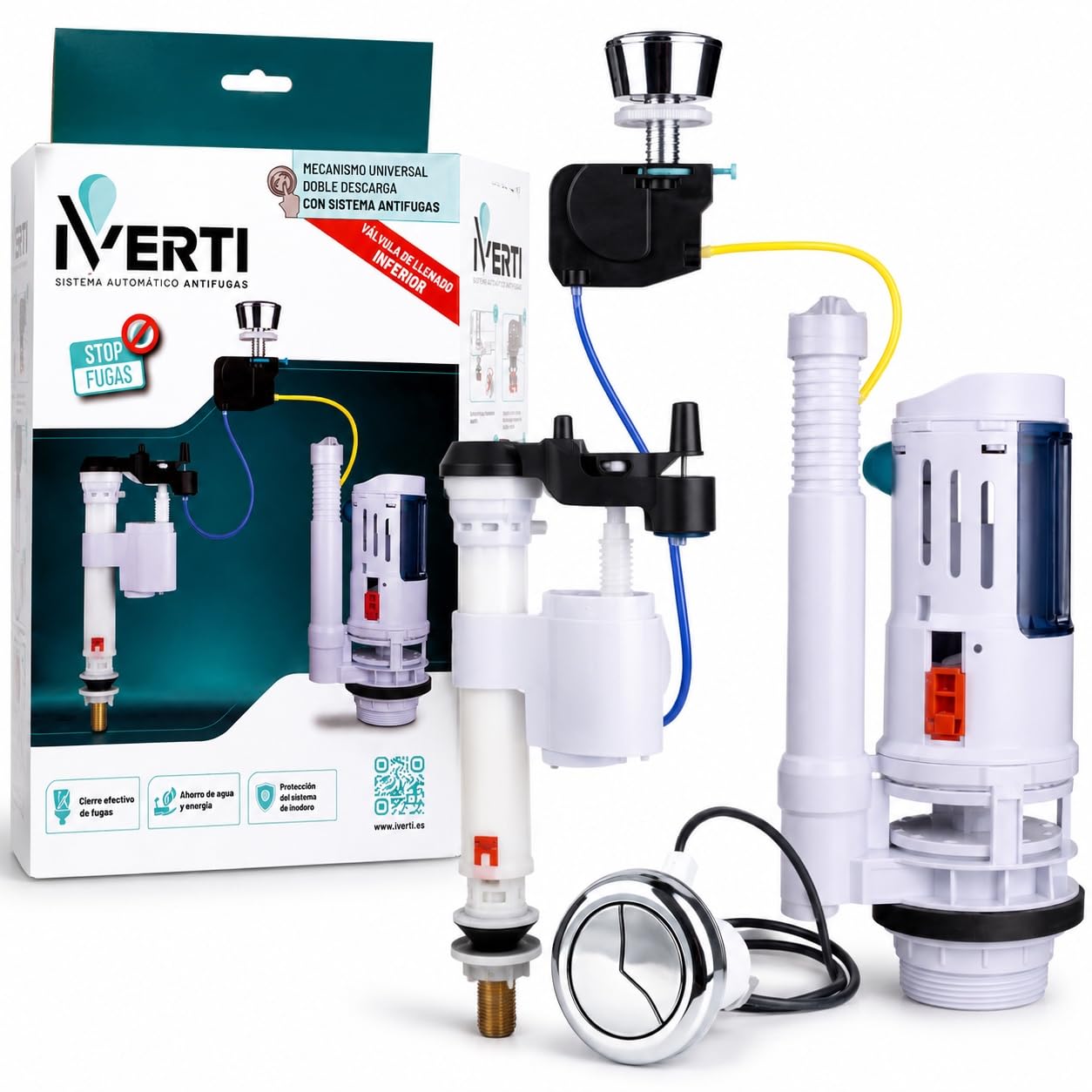 Mecanismo de descarga y llenado WC anti fugas de agua para cisterna de inodoro universal, con cable, doble descarga. (Llenado INFERIOR Ref. 0122401)