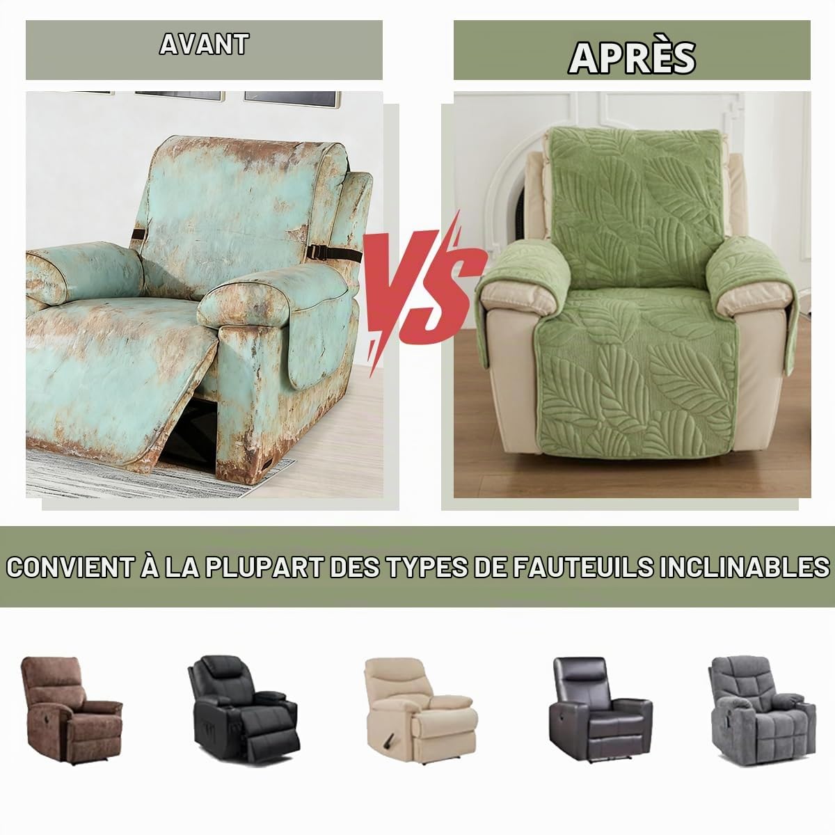 FANSU Housse de Fauteuil Relax Extensible 1 Places, Feuille Peluche Courte Housse de Fauteuil Relax Inclinable Electrique, avec Poches et Élastique Housse de Canapé Antidérapante
