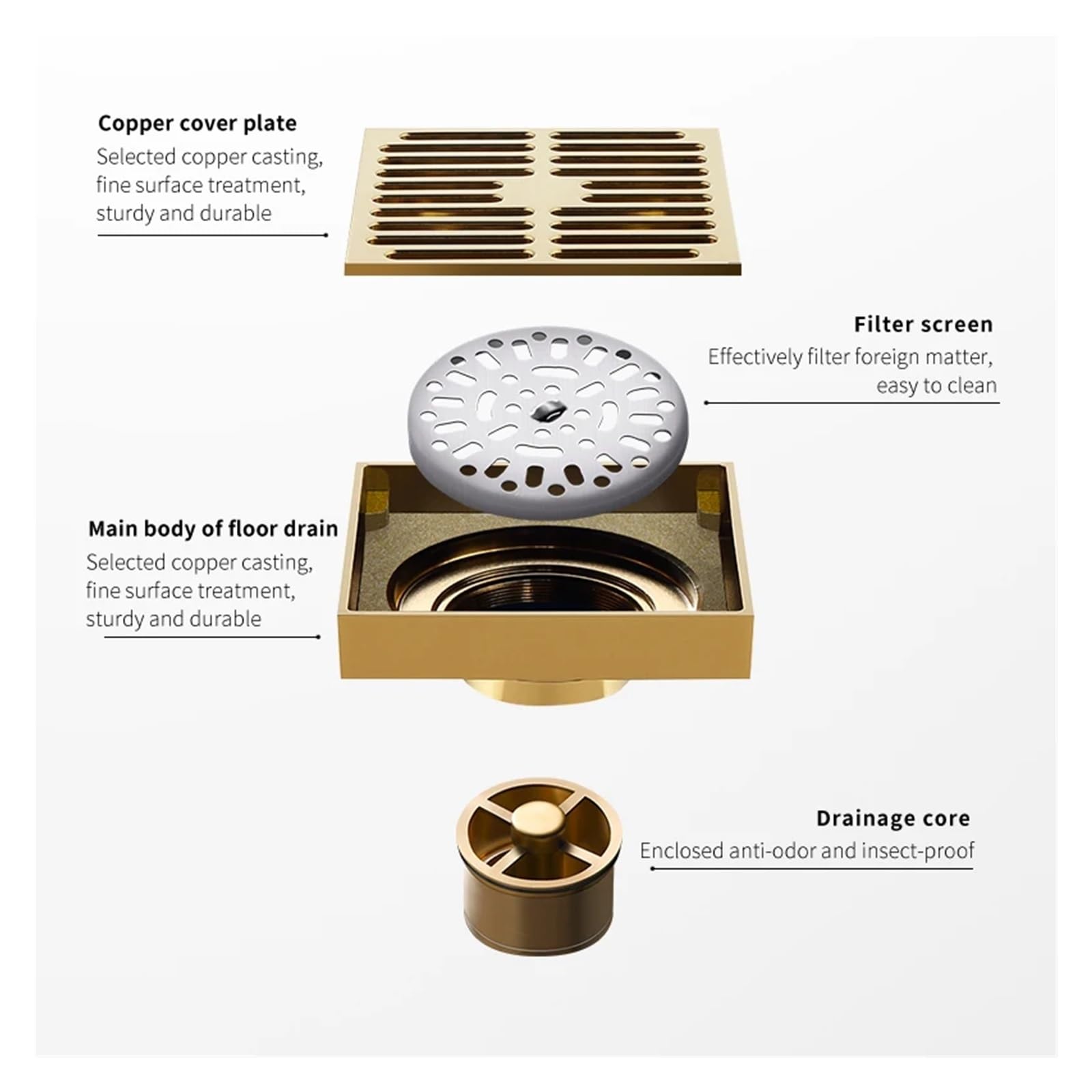 Scarico Doccia Scarichi in ottone massiccio dorato argento scarico doccia bagno filtro quadrato scarico pavimento balcone 100 * 100MM(Zirconium Gold A)