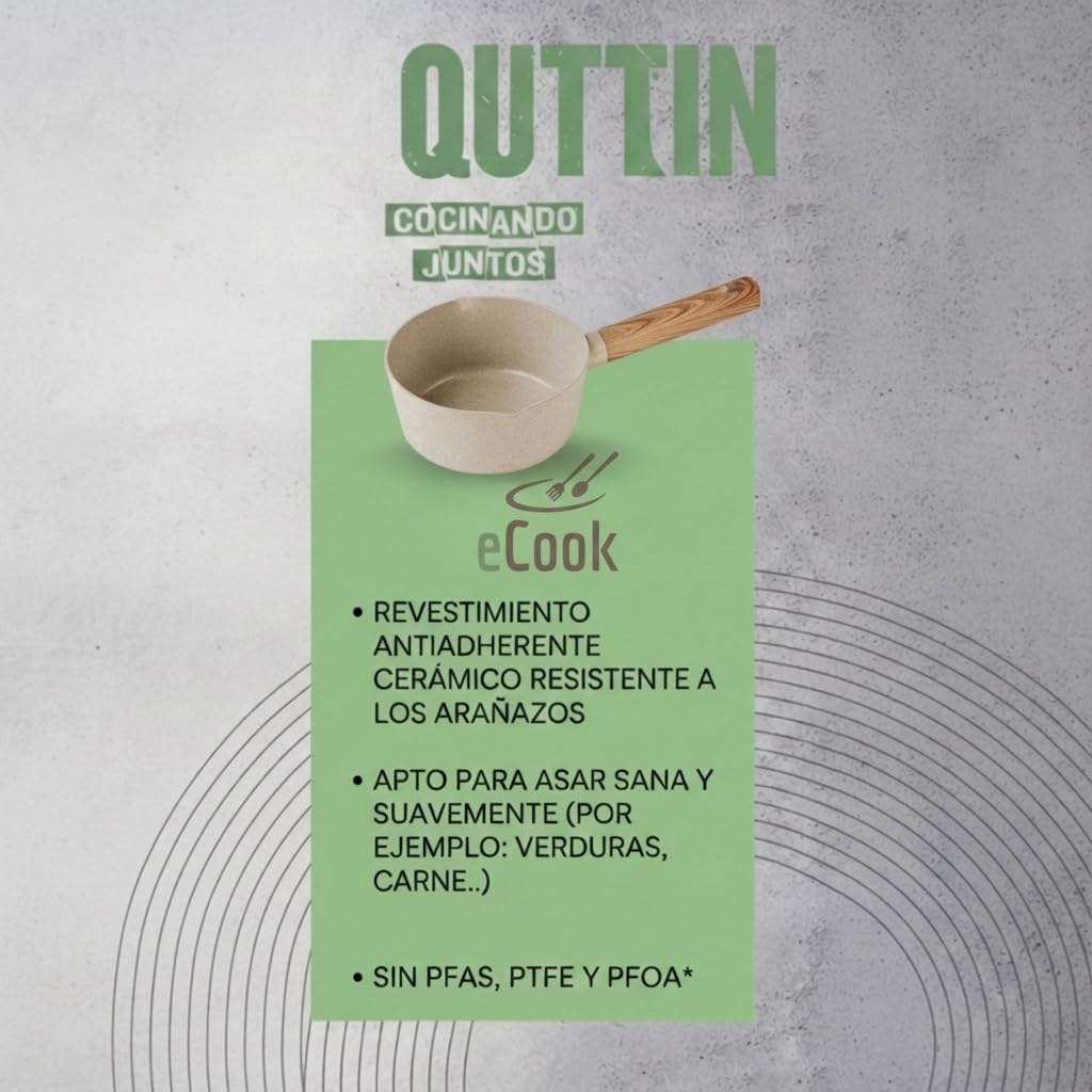 QUTTIN - Cazo Ecook 16 cm Antiadherente Cerámica PFAS Free, Aluminio Reciclado, Sin Tóxicos, Apto para Inducción Gas Vitro Eléctrico Halógeno, Mango Detalle en Madera