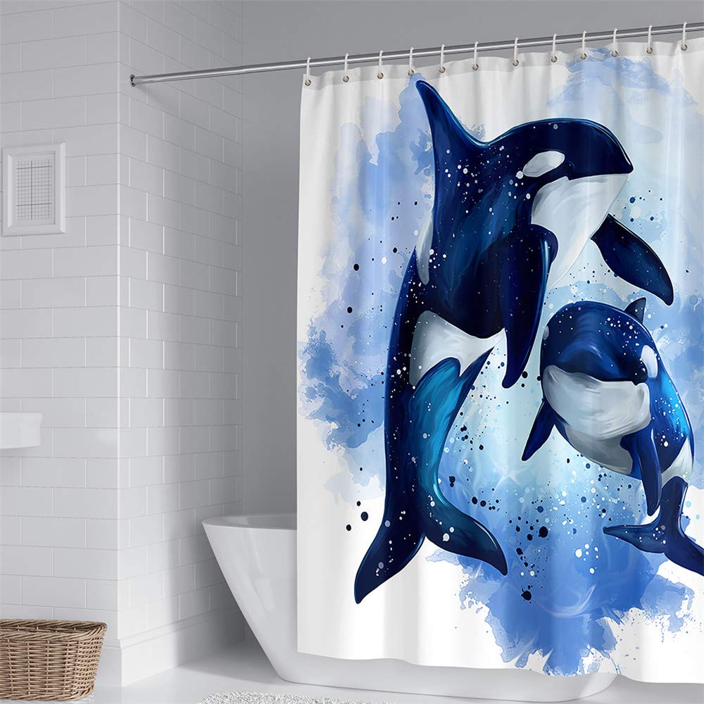 Tenda da doccia con 12 ganci Ocean Doodle Stampato Impermeabile Lavabile Tenda da bagno Decorazioni per il bagno Tessuto 100% poliestere(Killer Whale,120x180cm)