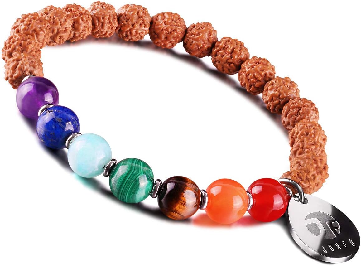 JOXFA Women 8mm Rudraksha Beads 7 Chakra Bracelet Aromatherapy Bracelet Yoga Meditation Rosary Lava Beads Elastic Beaded Stretch Bracelets