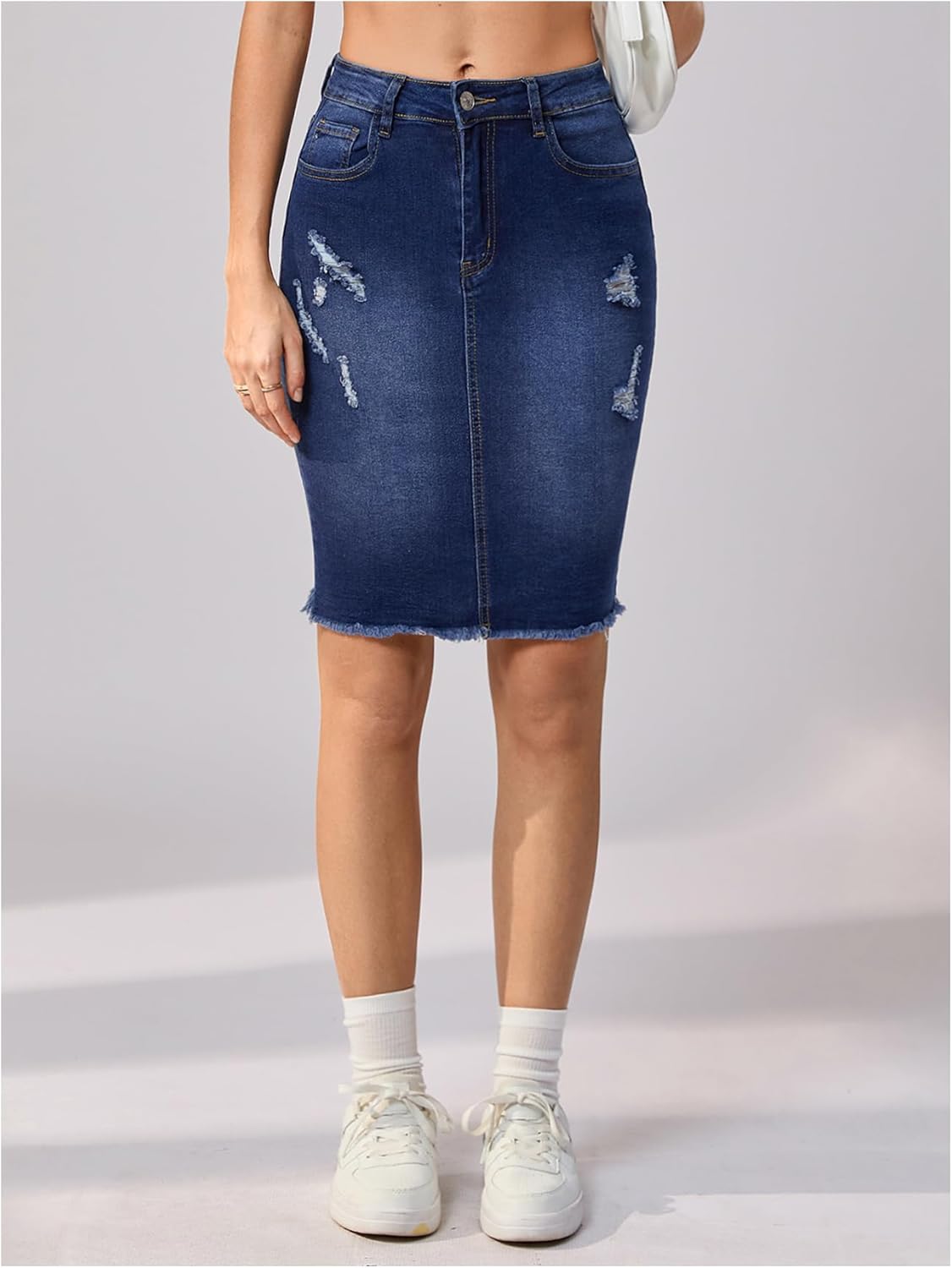 WDIRARA Women's Denim Pencil Skirt High Waisted Ripped Raw Hem Knee Length Stretch Bodycon Skirt