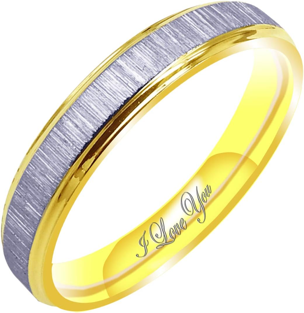 Everstone Women's Matte & Brushed 4MM & 6MM Flat Promise Ring Wedding Bands Titanium Ring Two Tone Color: Yellow Gold & Platinum Engraved I Love You