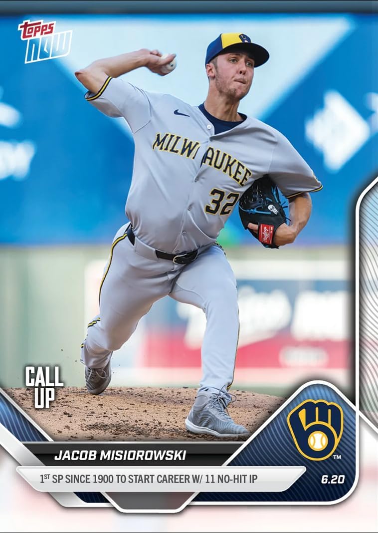 2025 Topps Now Jacob Misiorowski #327 1st Starting Pitcher Since 1900 to Start Career with 11 No Hit Innings Milwaukee Brewers Rookie RC Baseball Card