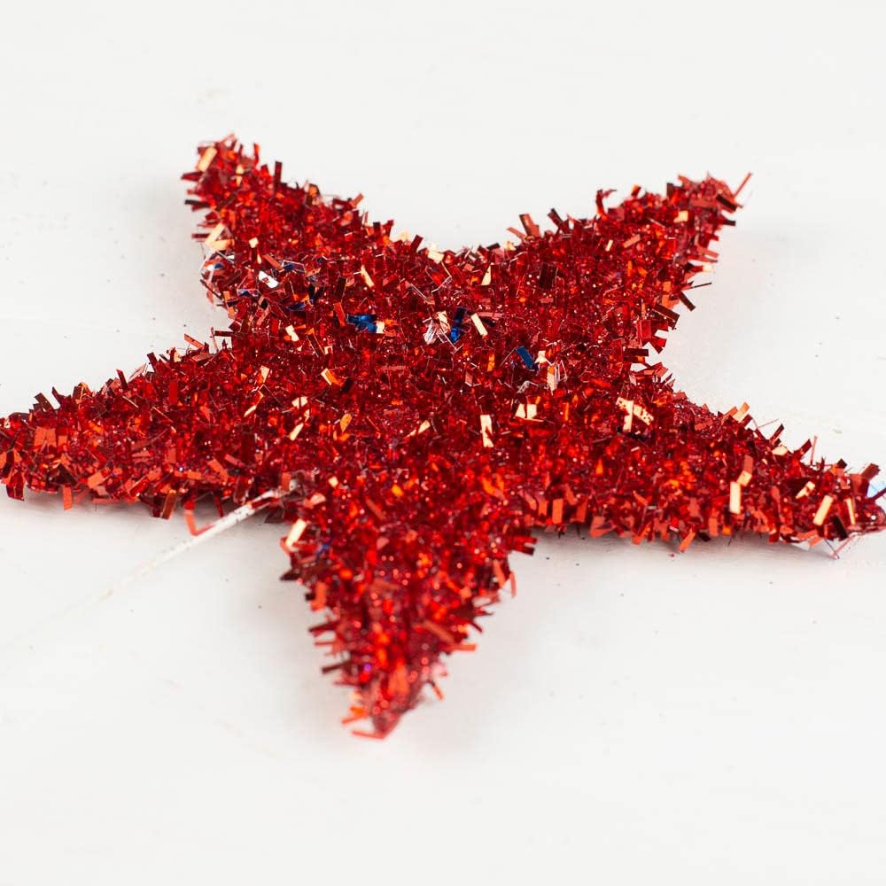 Group of 12 Assorted Red White and Blue Tinsel Star Stems by Factory Direct Craft for 4th of July Decorating and Patriotic Displays