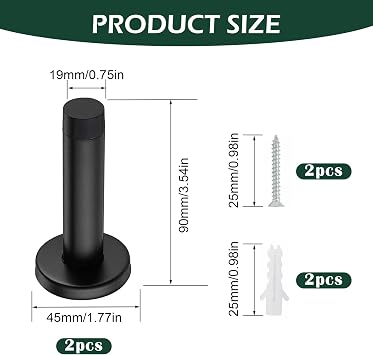 Heavy Duty Door Stopper, 2 Pack Matte Black Wall Mounted Door Stop, Black Door Stops Stainless Steel, Durable Door Stop for Skirting and Wall Protection, Modern Decorative Doorstop for Home