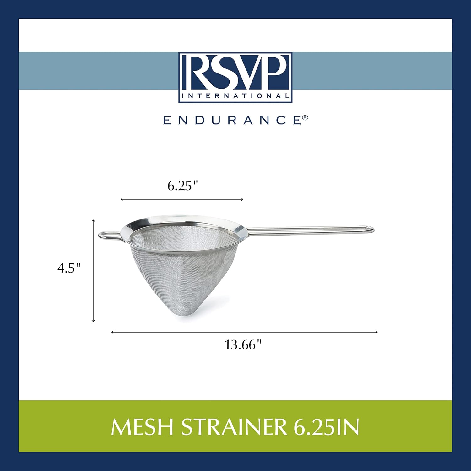 RSVP International Endurance Kitchen Collection, Stainless Steel Fine Mesh Conical Sieve/Colander, Multi-Purpose for Cooking, Baking, Loose Leaf Tea, Bar Strainer Cocktails, 6.25-Inch