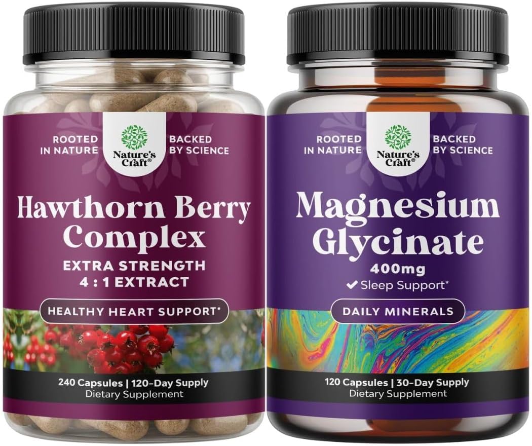 Natures Craft Bundle of Extra Strength Hawthorn Berry Capsules - Extract Digestion and Heart Health Supplement and Pure Magnesium Glycinate 400mg Per Serving for Mood Sleep and Relaxation