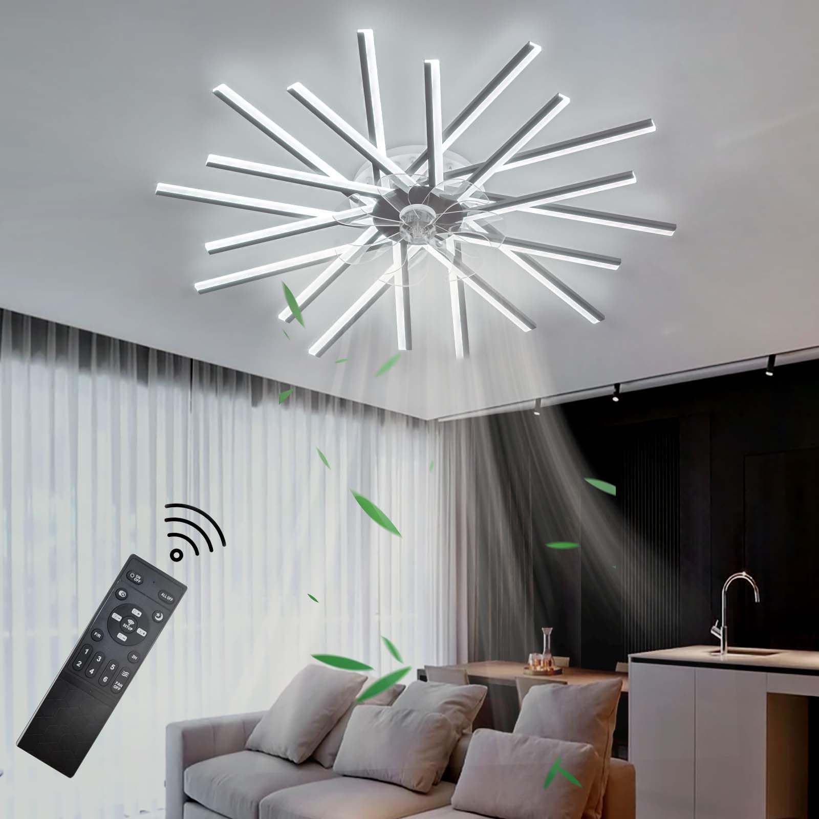 Smart Modern Ceiling Fan with Dimmable LED Light - Reversible DC Motor, Remote Control for Bedroom Living Room - Black 100cm