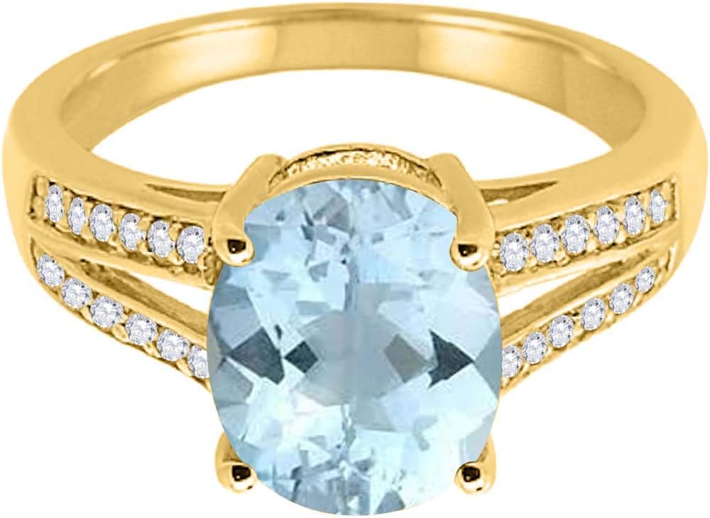 MauliJewels Rings for Women 2.50 Carat Oval Aquamarine and Diamond Ring, 10K Yellow Gold, Prong-Set Gemstone Engagement Ring, Birthstone Jewelry Gift