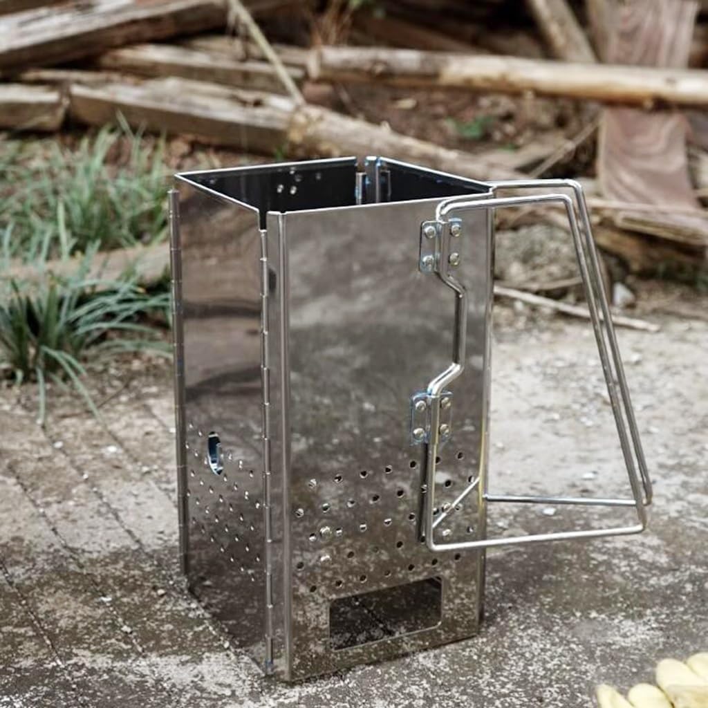 Collapsible Stainless Steel Charcoal Grill, Chimney Starter, Portable BBQ Folding Charcoal Grill For Grilling Outdoor Cooking Accessories, 15.5*15*29cm, Silver, XSCQ01