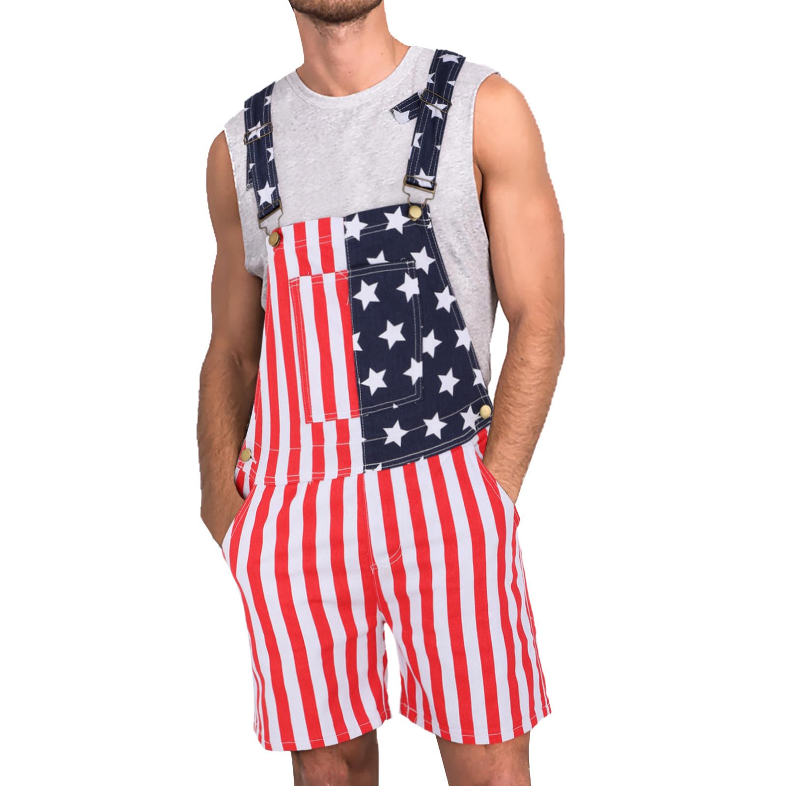 BUKKNYE American Flag Print Jumpsuit Shorts Mens Denim Dungaree Bib Overalls Plus Size Star Stripe Graphic Work Jumpsuit 4th of July Patriotic Independence Day Playsuit