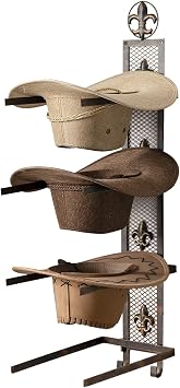 Cowboy Hat Rack for Wall, Metal Fleur-De-Lis Cowboy Hat Holder for 4 Hats, Vertical Western Hat Rack Wall Mount, Rustic Fold-Up Wall Hanging Decorative Hat Racks, 13.8W x 32.6H