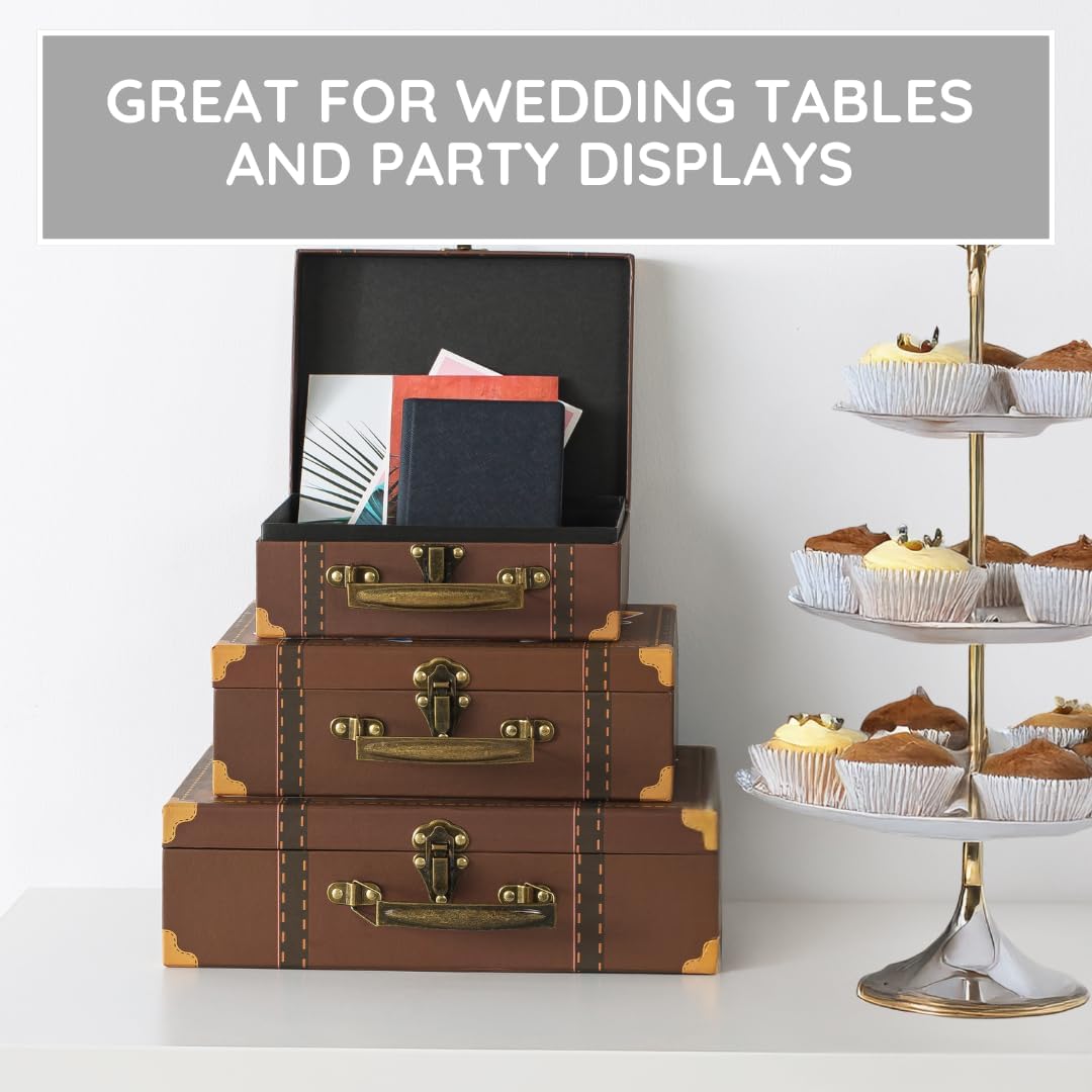 SLPR Small Decorative Suitcase Boxes (Set of 3) – Travel-Themed Paperboard Storage for Gifts, Bridal Shower & Party Décor – Largest Box is 12" x 8" x 3.5