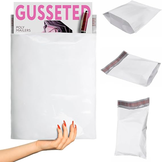 ABC PACK & SUPPLY Gusseted Poly Mailers, 10 x 13 x 2 Inch, 2.5 Mil White Shipping Bags for Clothing, Self Seal Plastic Mailing Envelopes, Pack of 50