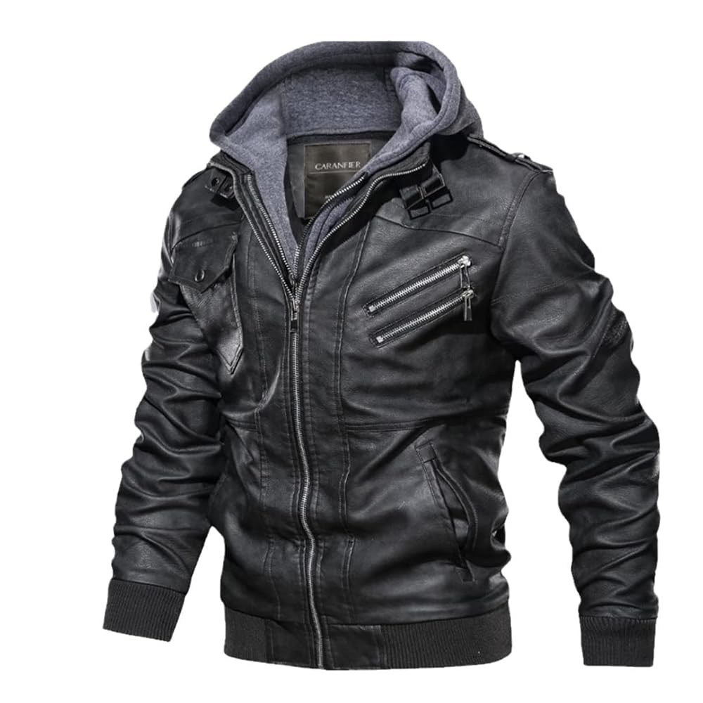 Mens PU Hooded Jackets Coats Motorcycle Biker Faux Leather