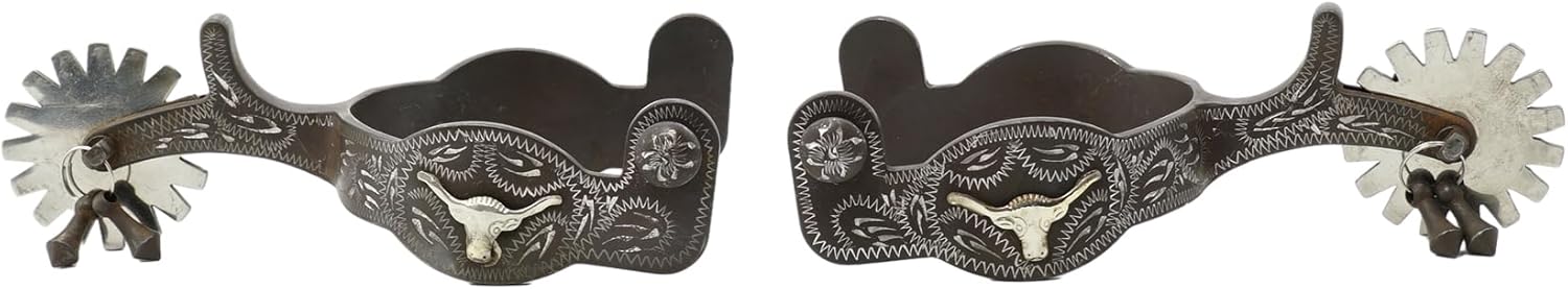 Jeereal Men's Western Antique Spurs with Spur Straps, Engraved German Silver Trims