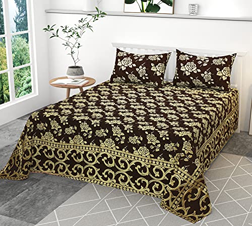 Image of Velvet Queen Size Bedsheet Set, 3 Piece Jaquard Weaved Long Life bedsheet with 2 Pillow Covers, Coffee Colour (Brown)