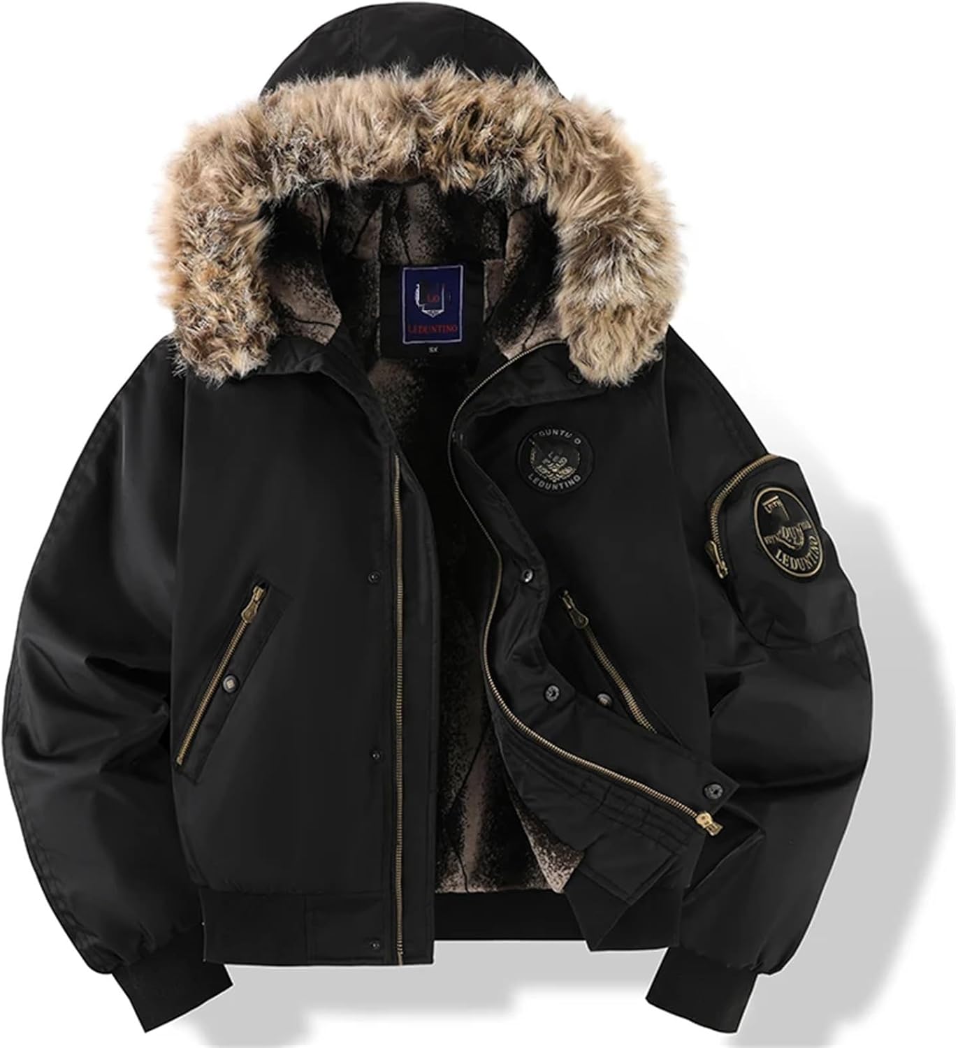 Mens Padded Jacket With Removable Hood Durable Windproof Fabric Embroidery Detail Side Pockets Sleeve Zipper Winter Coat