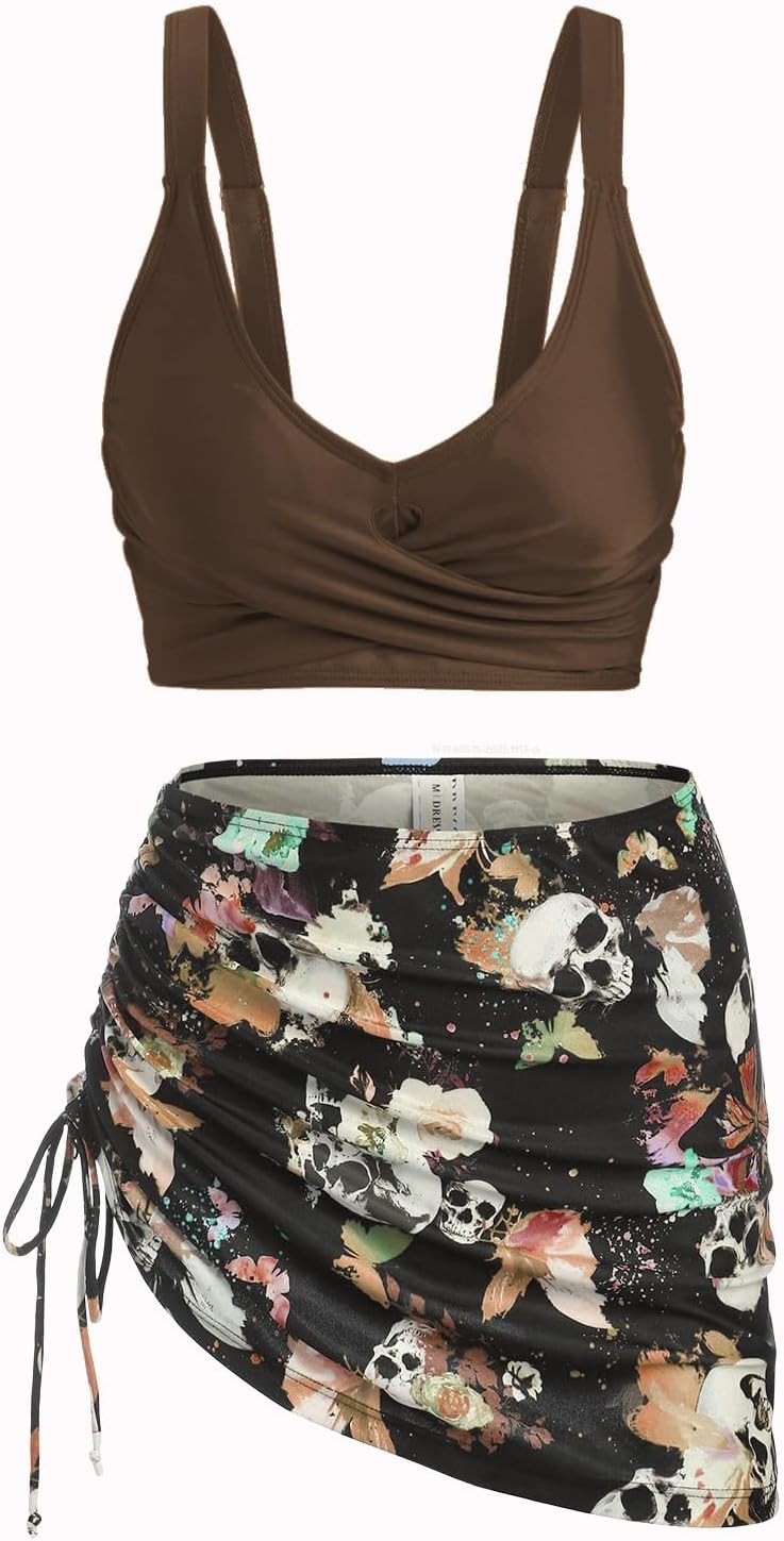 DRESSFO Women's High Waisted Bikini Sets with Cover Up Skirt 3 Piece Gothic Skull Swimsuit Padded Tummy Control Bathing Suit