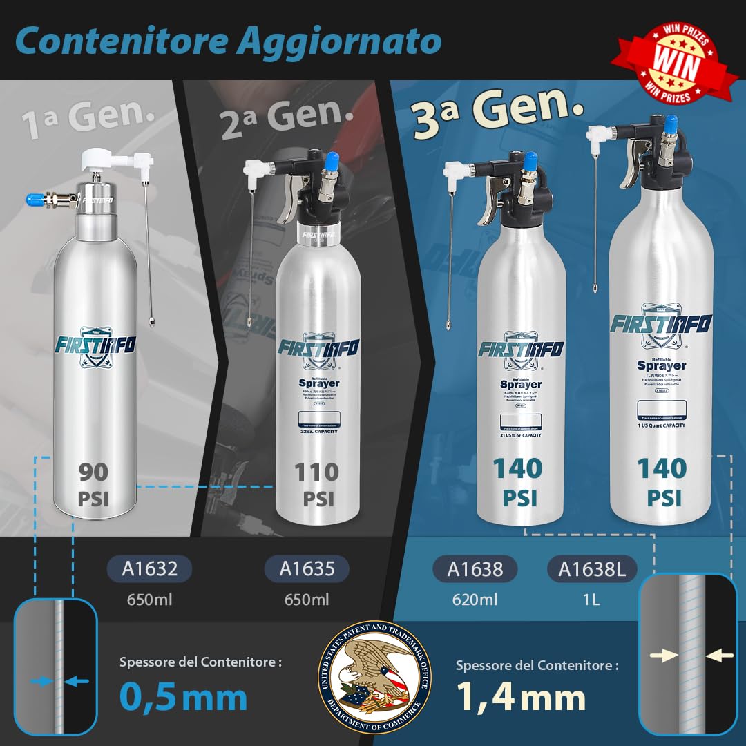 FIRSTINFO A1638 | Bottiglia spray riutilizzabile per pulitore freni 620 ml | Alluminio | Spruzzatore a pressione max 140 psi | Bomboletta aerosol spessa | Ugello two-way