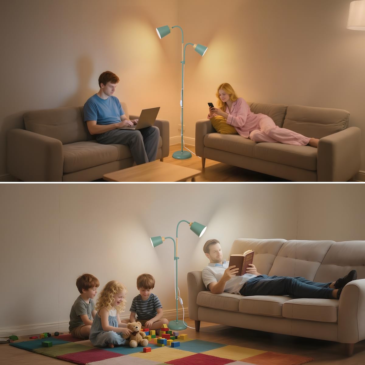 ANTENLICHT Lampada da terra YOYO con luce lettura | E27 max 60W | 2 teste orientabili 360° | Design vintage moderna in metallo per soggiorno | Altezza 159cm verde, senza lampadina
