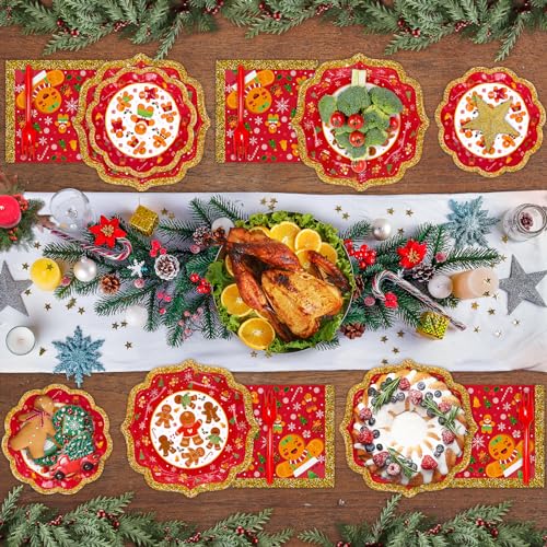 Christmas Gingerbread Party Supplies Serves 24 Party Tableware Disposable Dinner Plates,Dessert Plates ,Paper Cups,Xmas Napkins,Forks,Christmas Party Dinnerware Gingerbread Theme For Xmas Celebration – Image 5