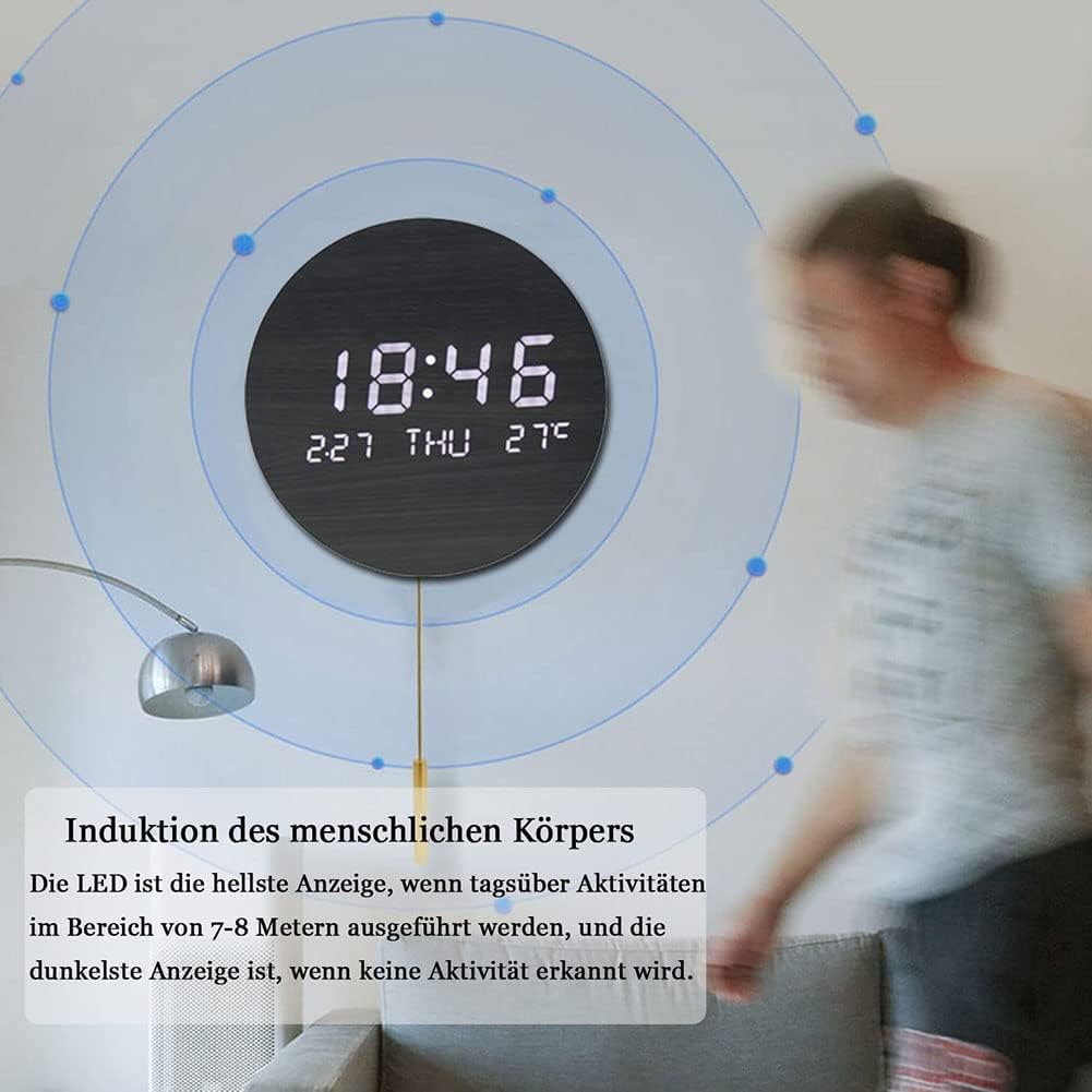 Wanduhr Mit Temperaturanzeige & Digitaler Kalender, Wanddeko, Runden USB Wanduhren Modern Wohnzimmer, Kleine Holz Led Uhr Digital Küchenuhren Intelligent Funk Lautlos Tischuhren Beleuchtet 7.56 Zoll