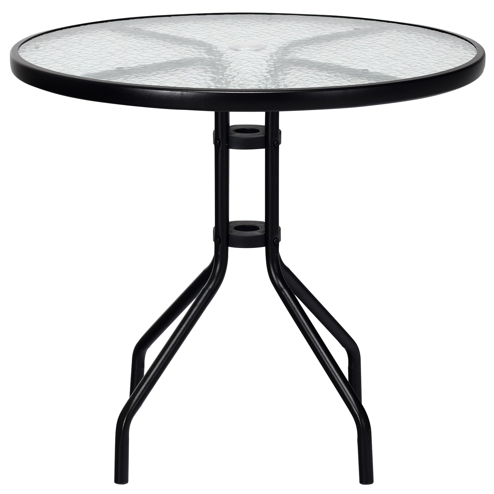 COSTWAY Mesa Redonda Jardin φ70x71cm, Tablero de Vidrio Templado y Patas de Metal Resistentes, Agujero de Sombrilla φ4cm, Mesa Jardin Terraza Balcon Exterior