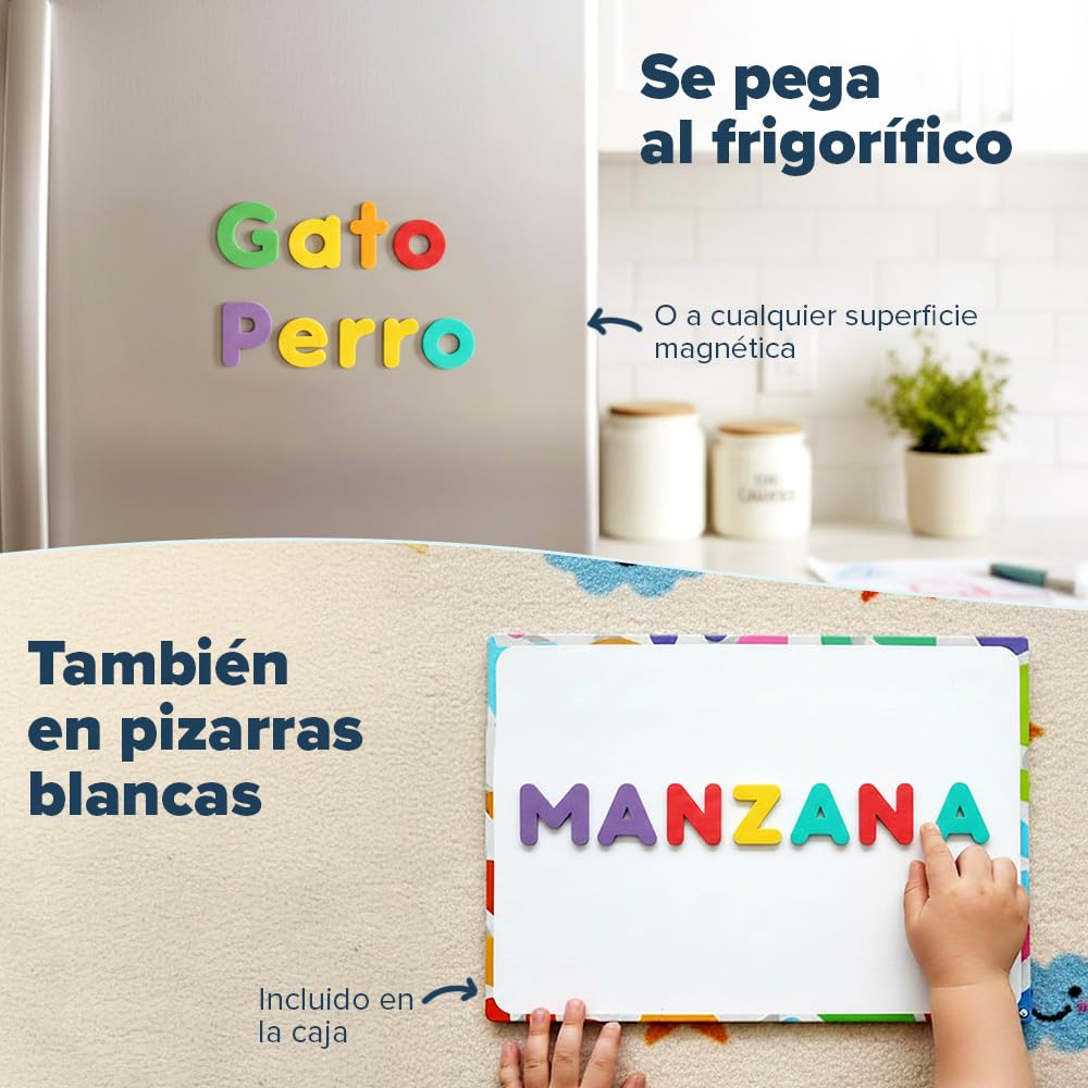 Letras y Números Magnéticos para Niños - Conjunto Completo: 182 Letras y 81 Números y Símbolos - Imanes Gruesos de Espuma para la Nevera - Incluye 2 Cajas, Pizarra Magnética, Rotuladores y Borrador