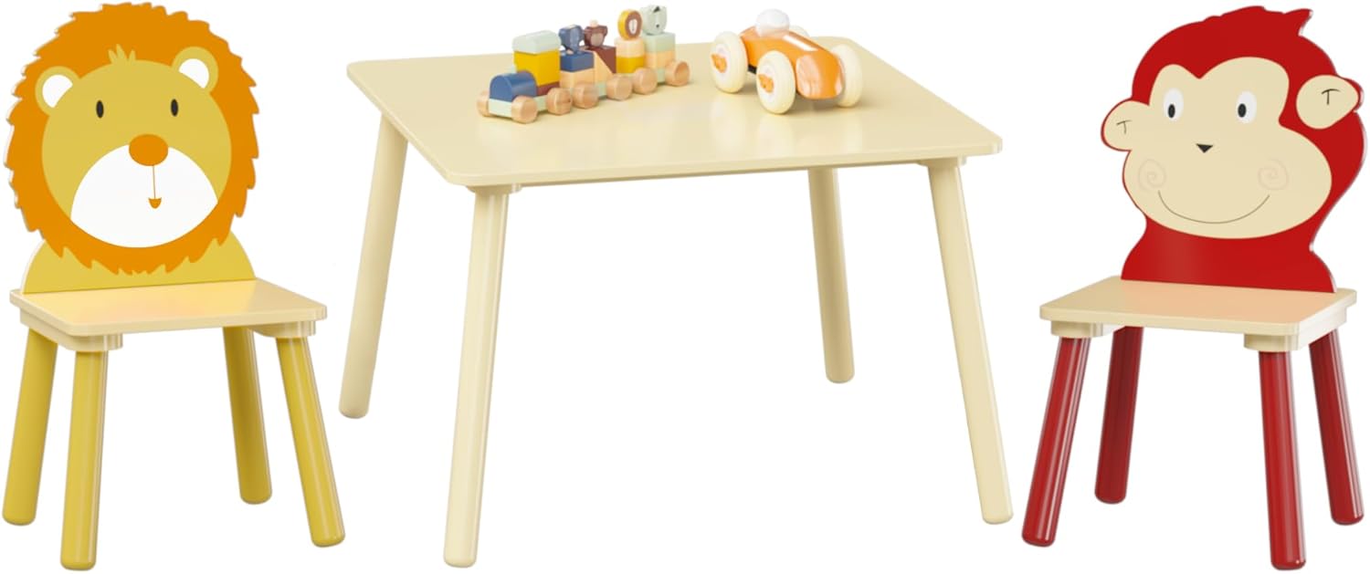 Kids Table and 2 Chairs Set, 3 Pieces Wooden Activity Play Table Set, Toddler Table and Chair Set for Boys & Girls Daycare Home Children Playroom School Kindergarten (Lion & Monkey)