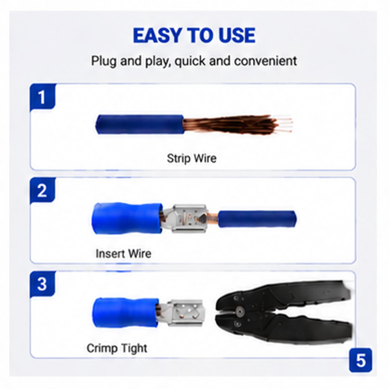 100 pièces Cosses électriques à sertir, FDD2‑250 femelle Connecteur à cosse avec coque isolante 0,8 x 6,35 mm câble terminal pour câble de 1,5 à 2,5 mm²(Bleu)