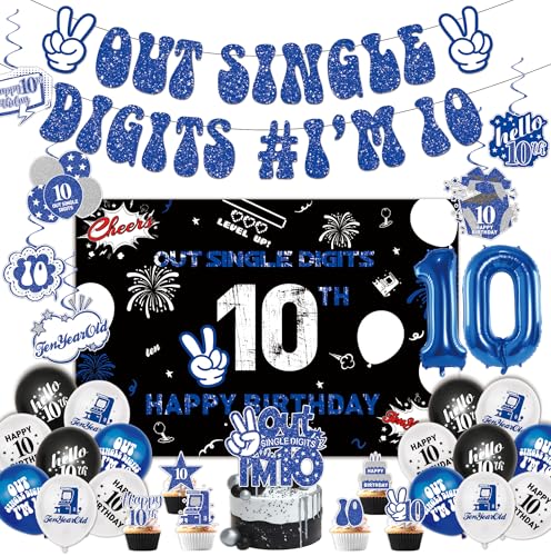 10th Birthday Decorations for Boys Include Banner-Backdrop-10 Number Balloons-Cake Topper-Cupcake Toppers-Hanging Swirl for 10 Year Old Birthday Decorations Peace Out Single Digits Party Decor